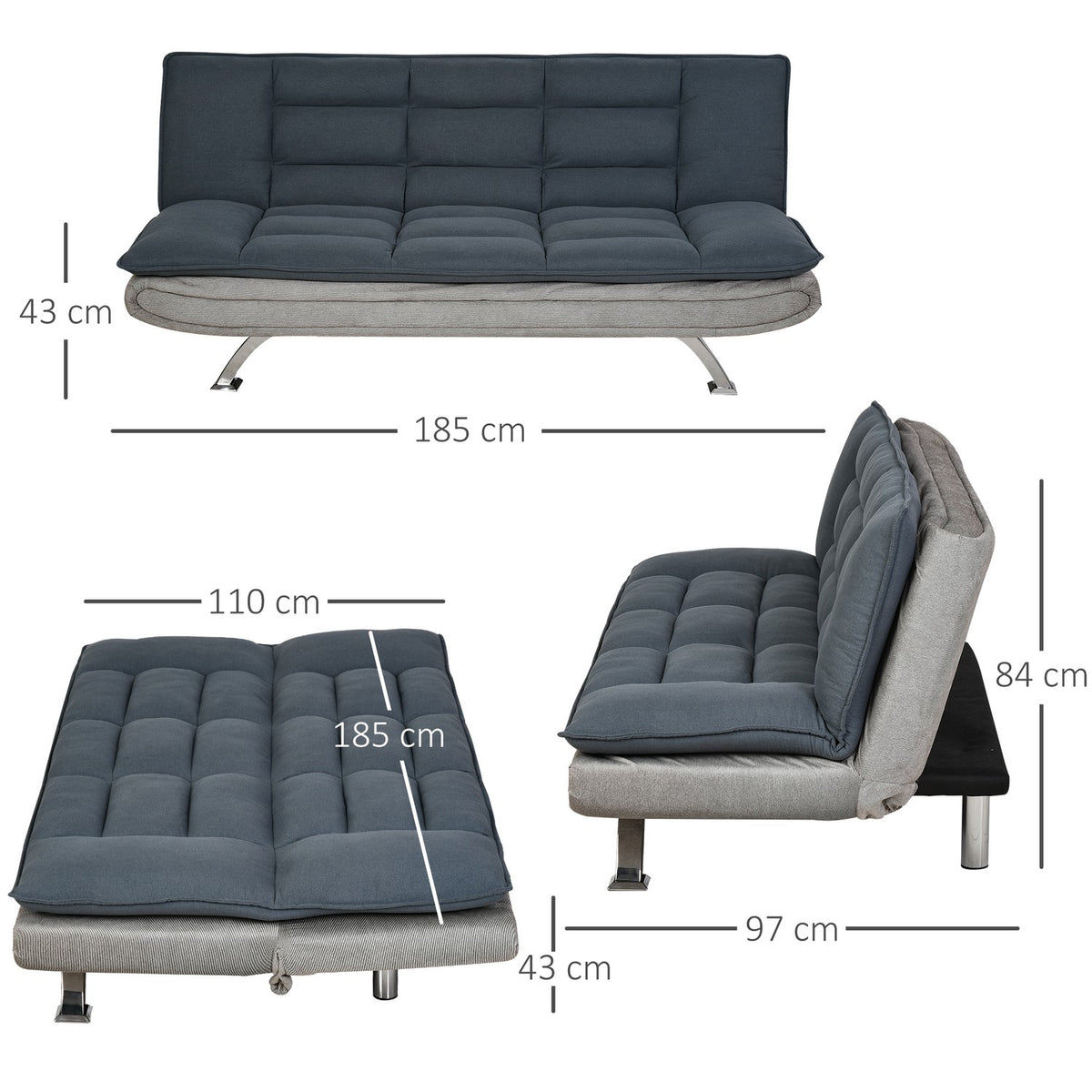 Sofa bed, folding sofa, 3-seater fabric sofa, chaise longue, sofa bed, sofa with sleep function, sofa set, adjustable angle, gray + beige