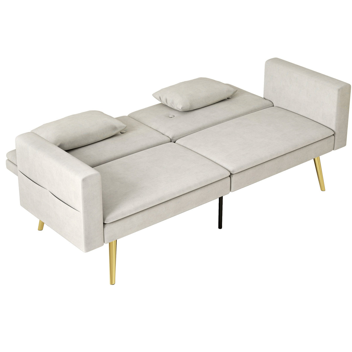 Sofa bed, sofa bed with adjustable backrest, side pocket, padded 2-seater sofa with sleeping function, cushions, for living room, bedroom, beige