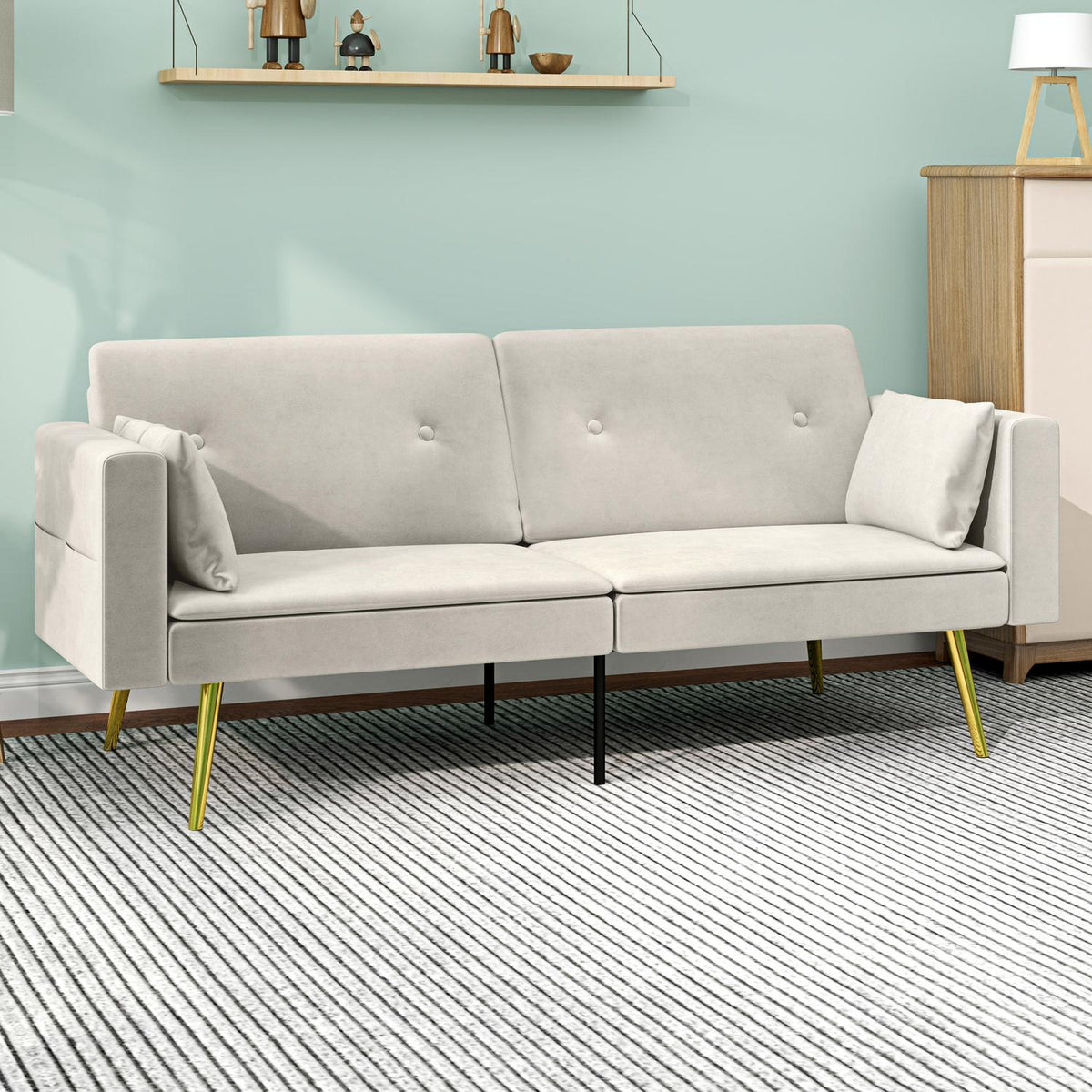 Sofa bed, sofa bed with adjustable backrest, side pocket, padded 2-seater sofa with sleeping function, cushions, for living room, bedroom, beige
