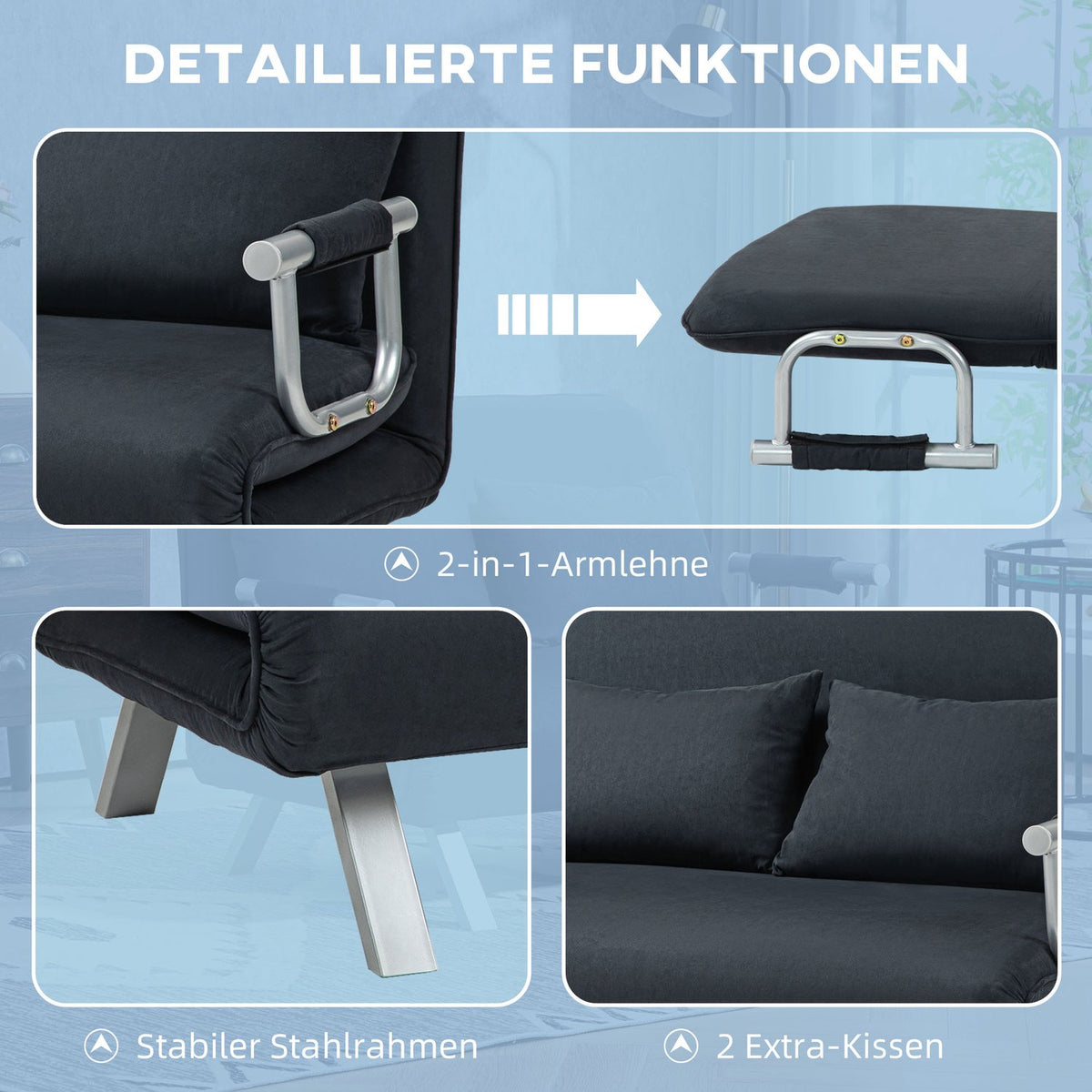 Sofa bed, sofa bed with adjustable backrest, throw pillow, 2-seater sofa with sleep function, velvet look, armrest, couch for living room, bedroom, black