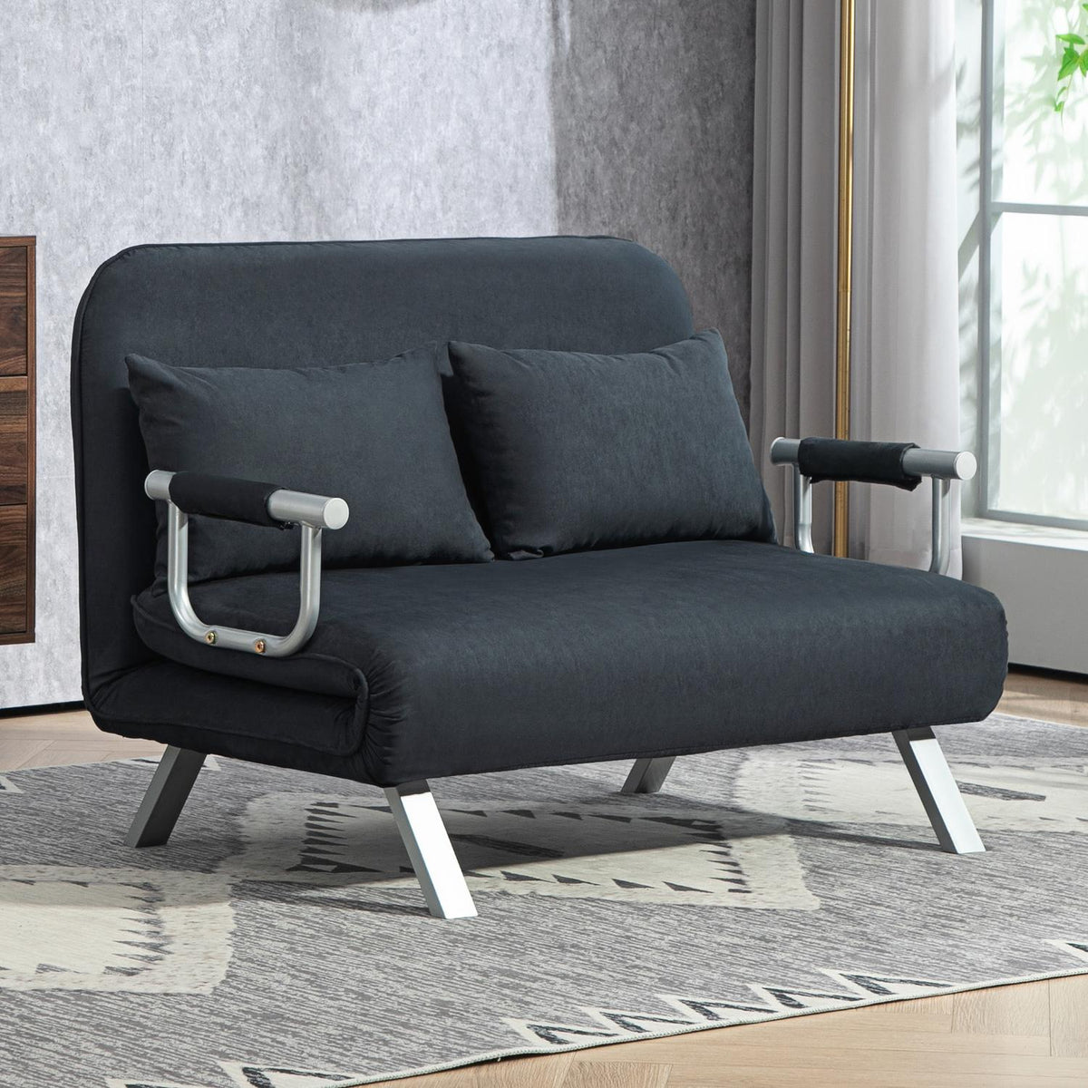 Sofa bed, sofa bed with adjustable backrest, throw pillow, 2-seater sofa with sleep function, velvet look, armrest, couch for living room, bedroom, black