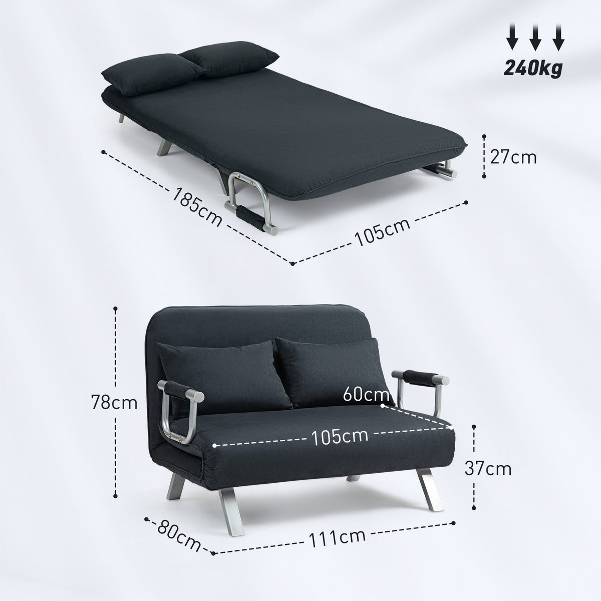 Sofa bed, sofa bed with adjustable backrest, throw pillow, 2-seater sofa with sleep function, velvet look, armrest, couch for living room, bedroom, black