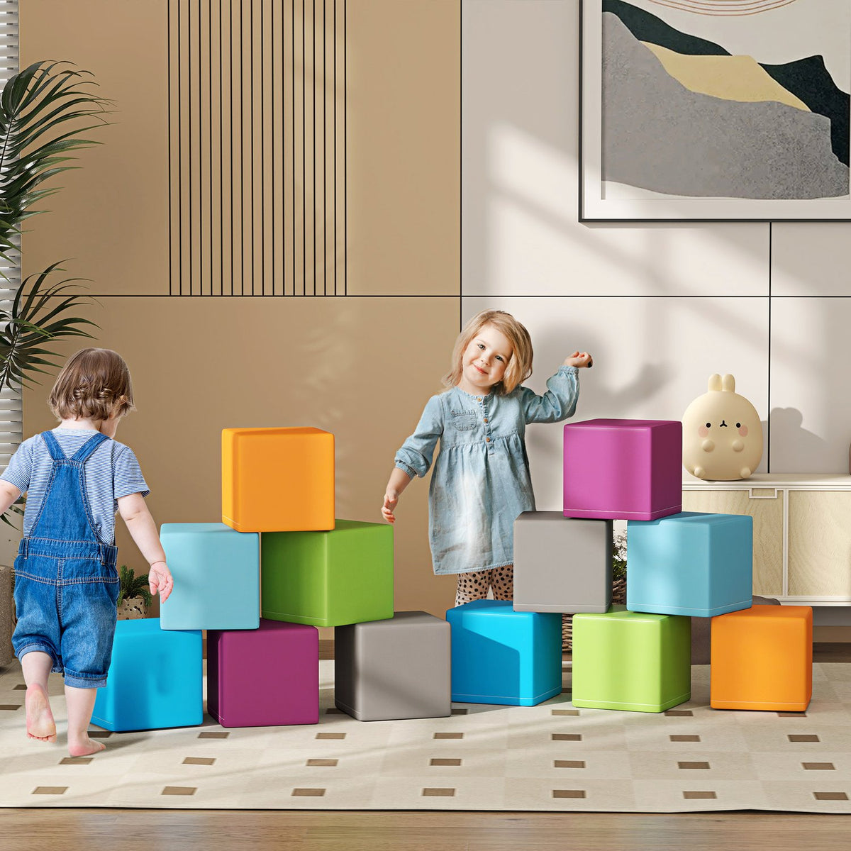 Soft Building Blocks Set of 12 Foam Building Blocks Giant Building Blocks for Children 1-3 Years Old, Building Toys Made of Faux Leather & EPE