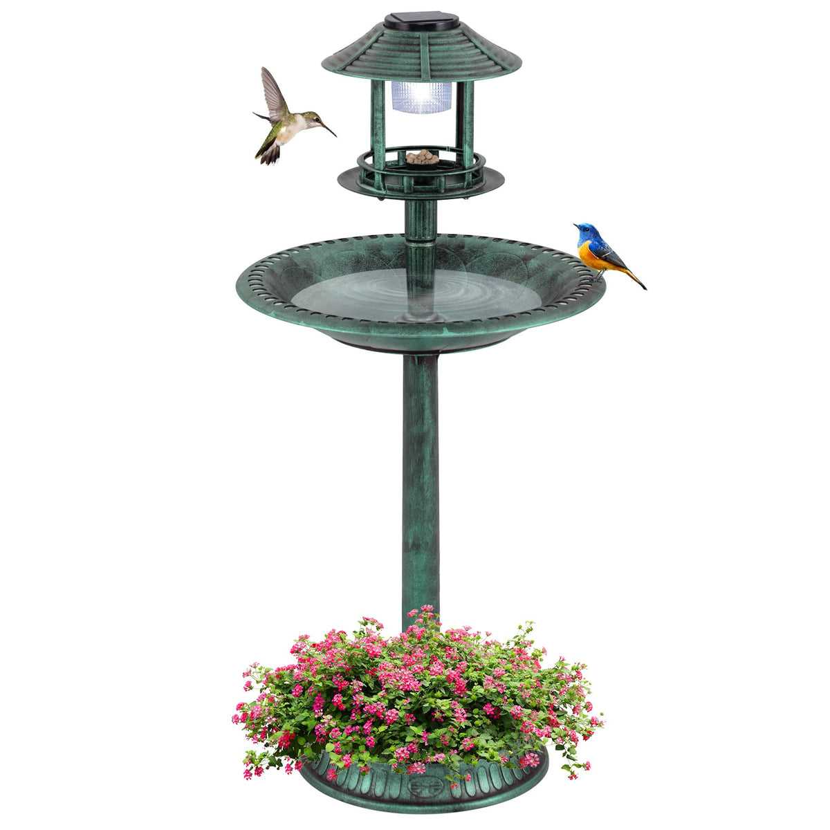 Solar Bird Bath with Feeder & Planter – LED Light, Green
