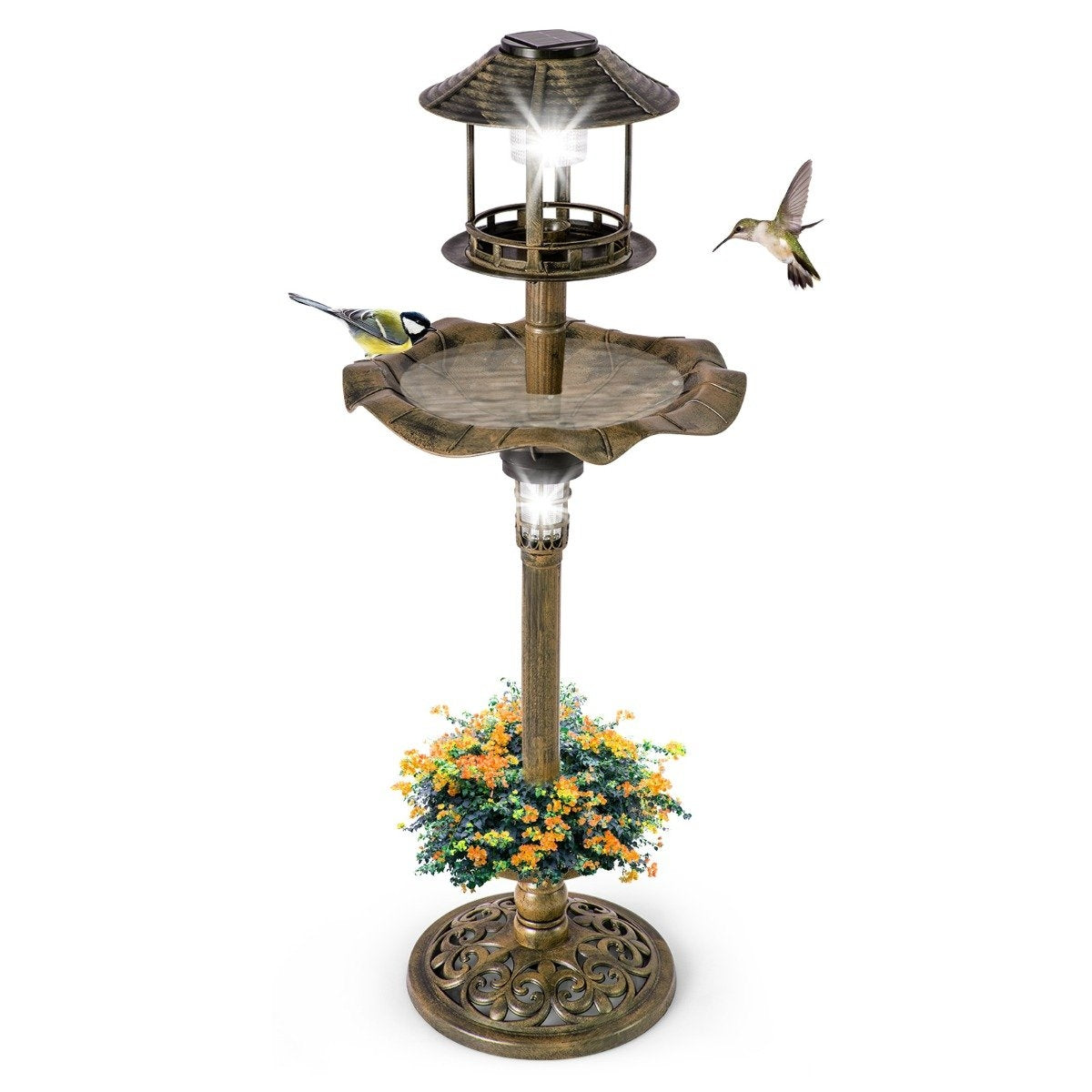 Solar Bird Bath with Feeder and Planter – Bronze, Ø43x110 cm