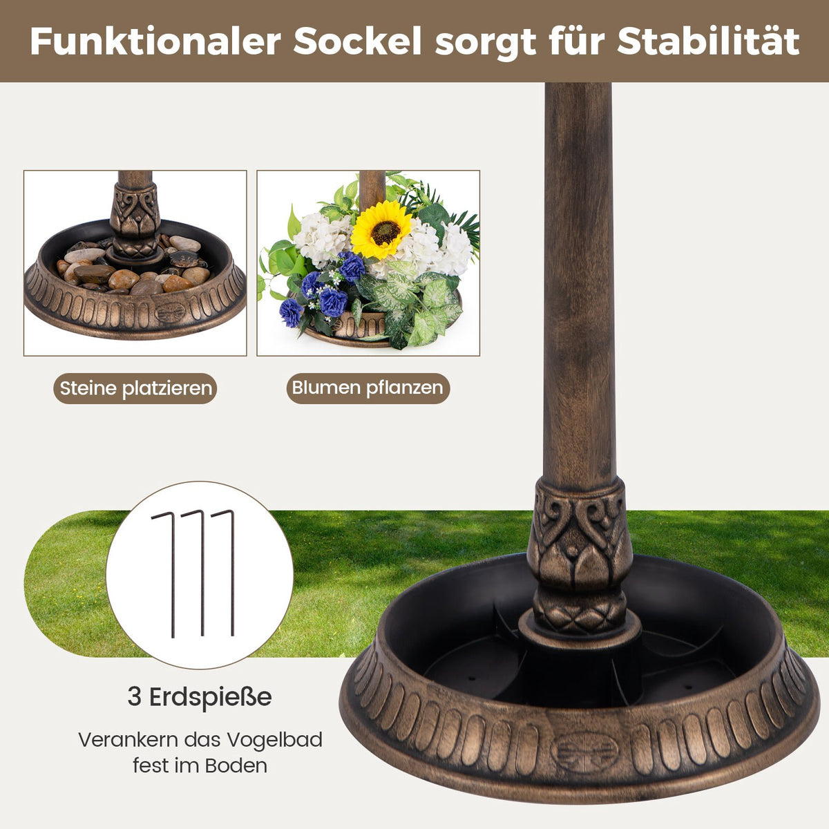 Solar Bird Bath with Feeder and Planter – Bronze Finish