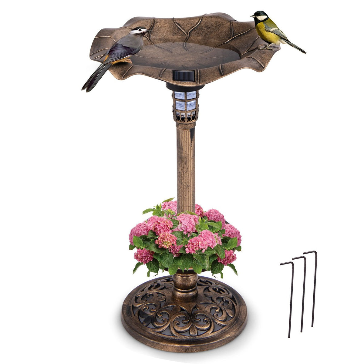 Solar Bird Bath with LED Light, Feeder & Planter, Bronze, Ø43x76cm