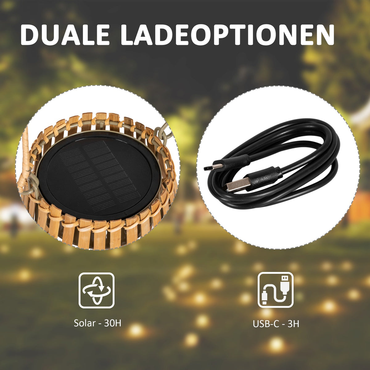 Solar Garden Lamp Usb Rechargeable, 3 Light Colors, With Handle & Bamboo Shade, Natural, Ip44