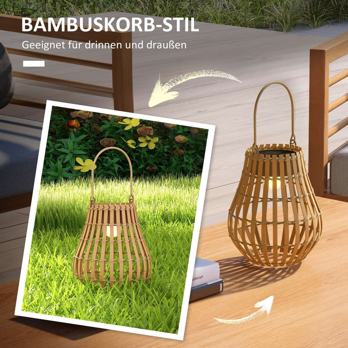 Solar Garden Lamp Usb Rechargeable, 3 Light Colors, With Handle & Bamboo Shade, Natural, Ip44