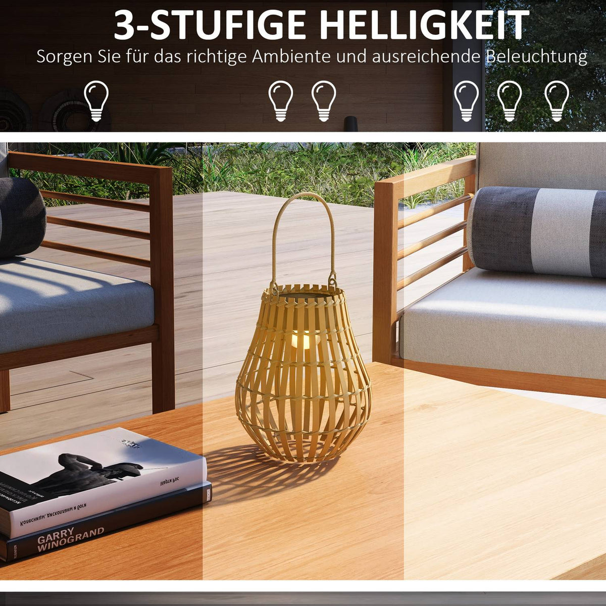 Solar Garden Lamp Usb Rechargeable, 3 Light Colors, With Handle & Bamboo Shade, Natural, Ip44