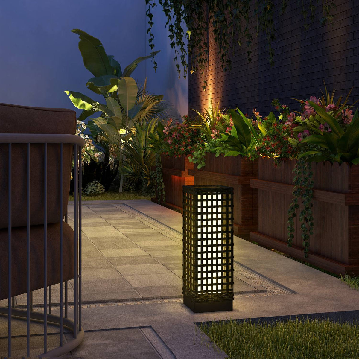 Solar Light Rattan Design, Waterproof, Light Sensor, Automatic Led Garden Lamp, Black, 15.5X15.5X46Cm