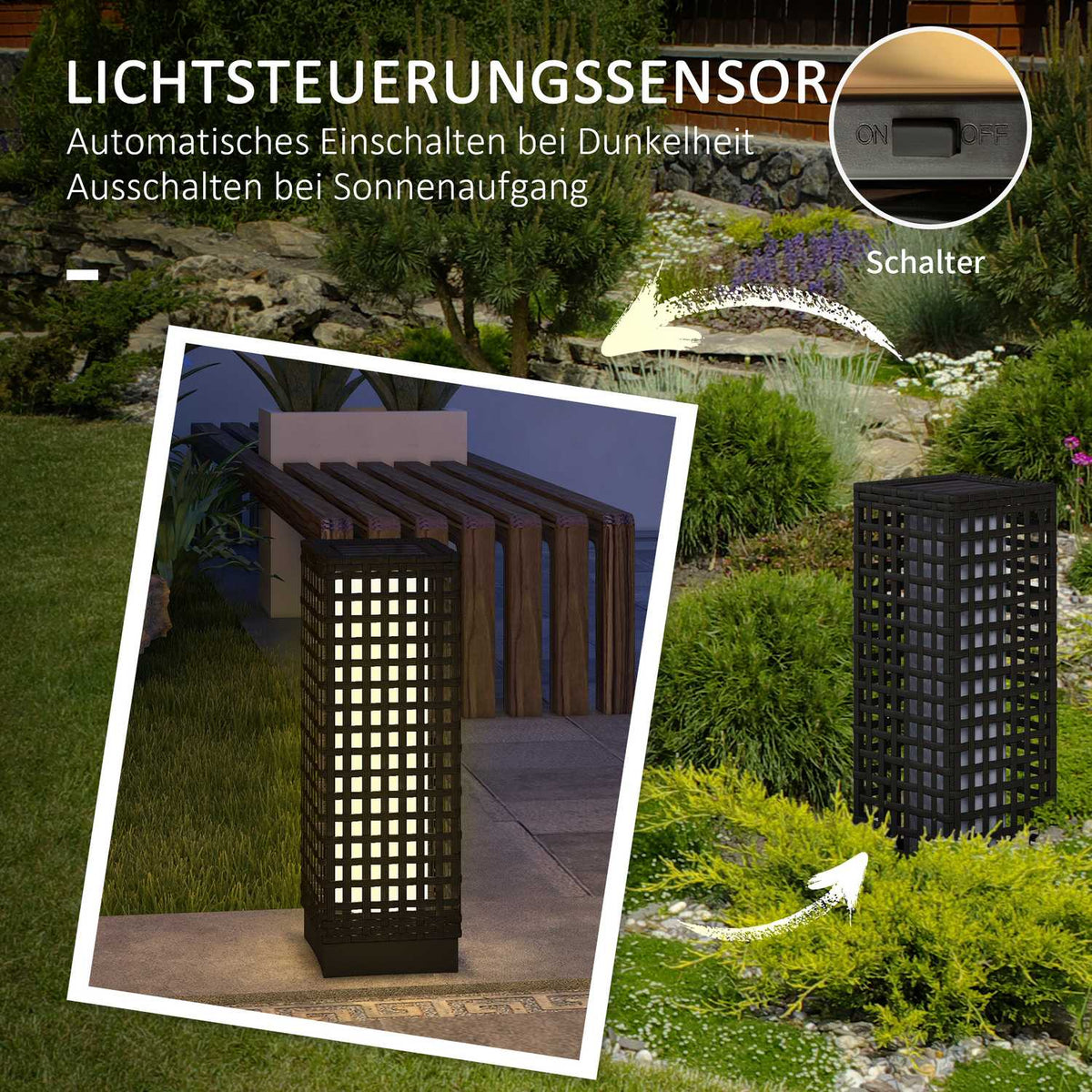 Solar Light Rattan Design, Waterproof, Light Sensor, Automatic Led Garden Lamp, Black, 15.5X15.5X46Cm