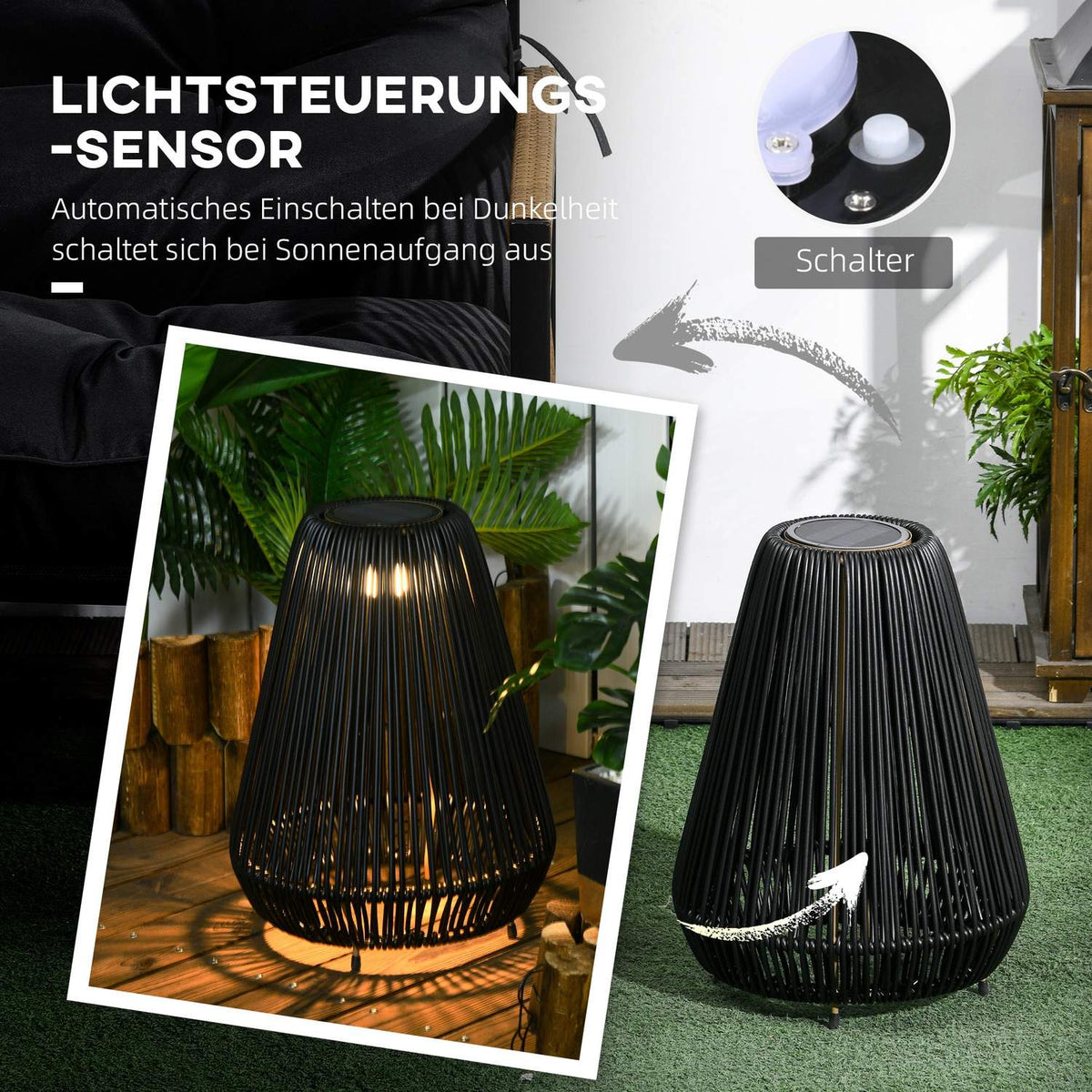 Solar Light Rattan Waterproof Path Light With Light Sensor, Automatic Led Garden Lamp, Outdoor Light, Black, Metal