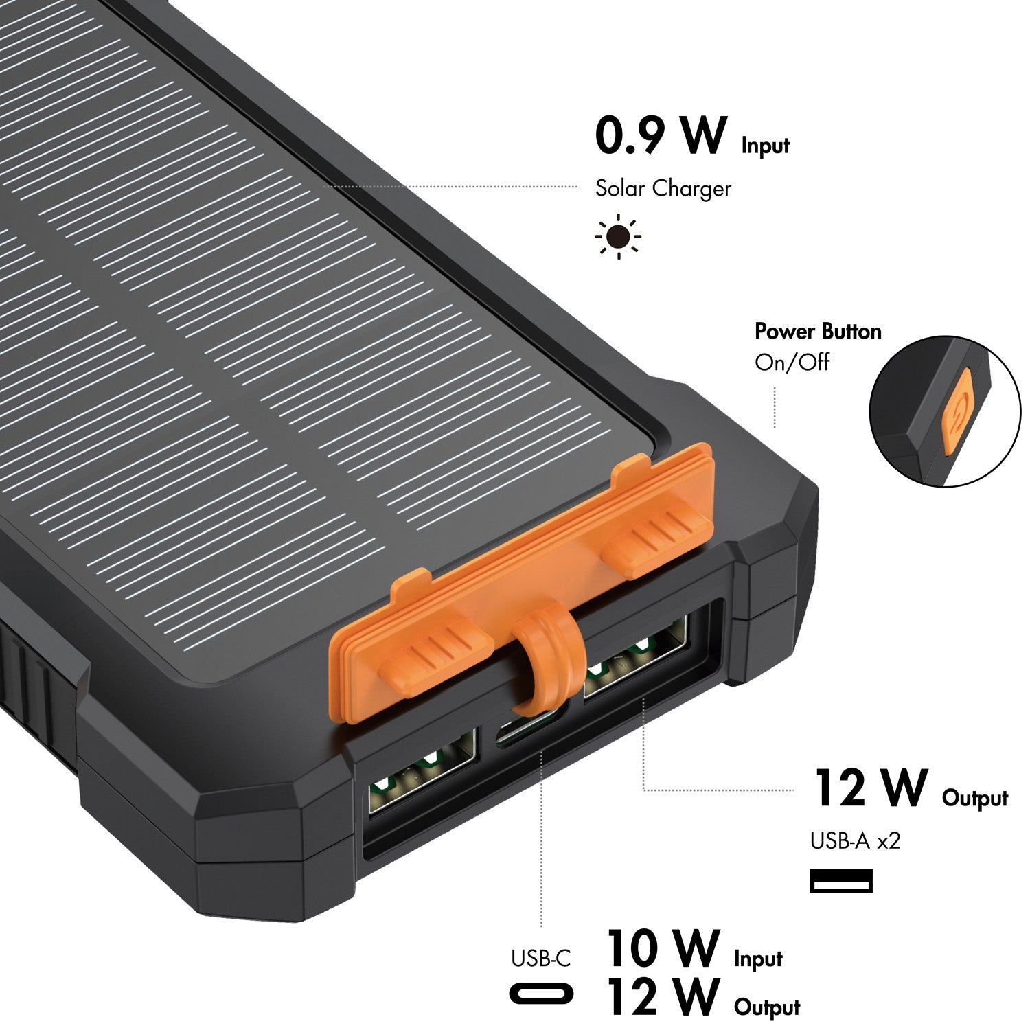 Solar Powerbank 10,000mAh 2xUSB-A + USB-C in/out 12W