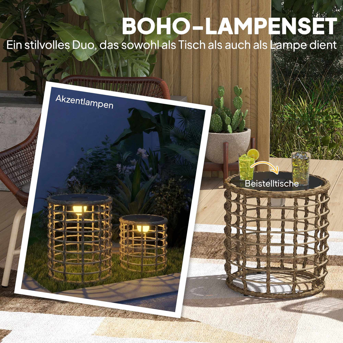 Solar-Powered Rattan Lamp Set, Warm Light, Outdoor Use