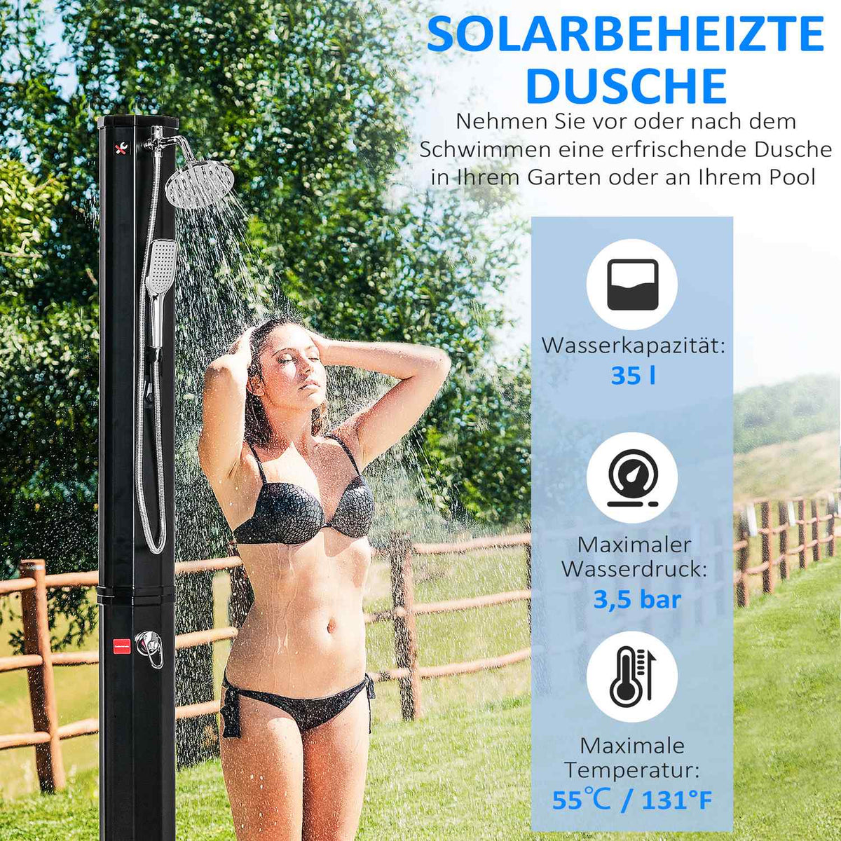 Solar Shower 35L Hot Water Camping Pool Shower Faucet Rain Shower Head Black 17.5X14.5X216Cm