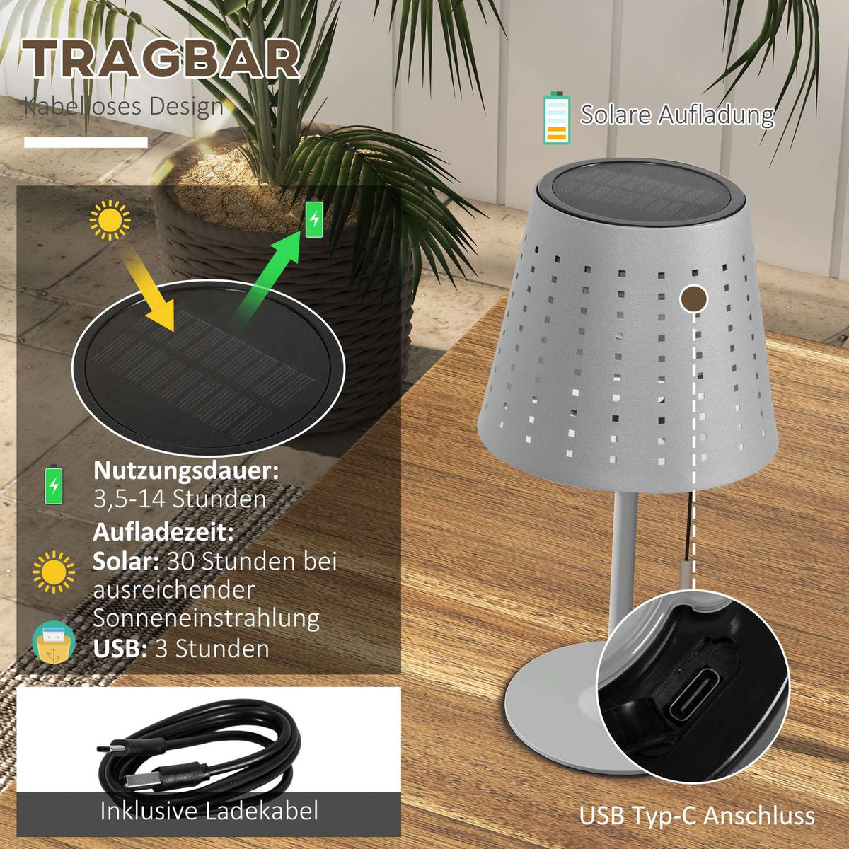 Solar Table Lamp Outdoor Led, Battery, Dimmable, Ip44 Waterproof, Portable, Light Gray, For Night Light & Desk