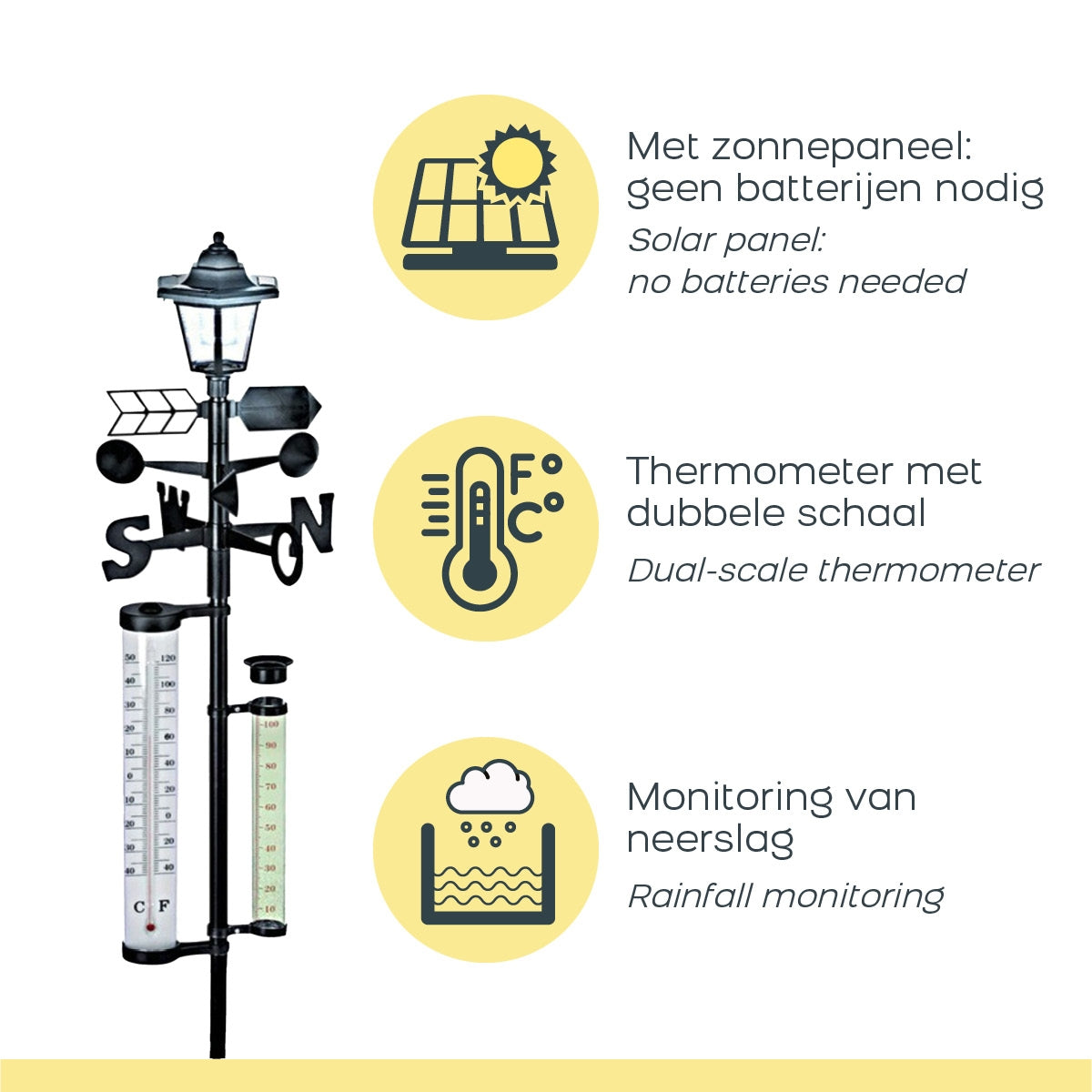 Solar Weather Station with Rain Gauge and Thermometer
