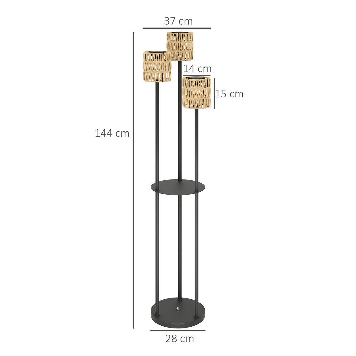 Solar floor lamp rattan solar lamps with light sensor 3 lights shelf solar light in boho style IP44 waterproof solar lamp outdoor lamp solar lantern for garden balcony outdoor lawn Ø37 x 144H cm