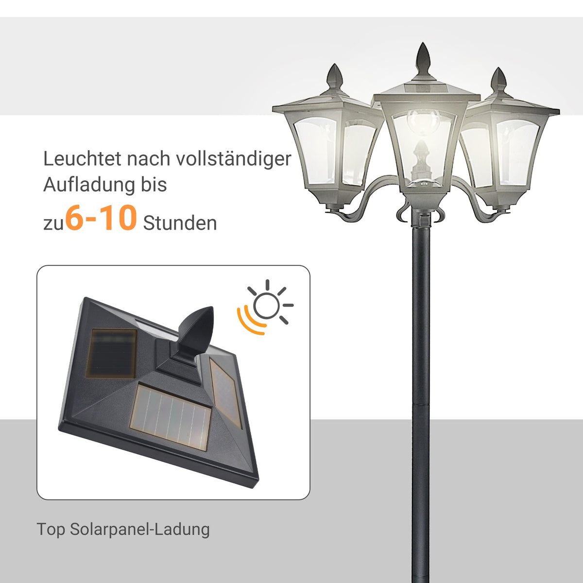 Solar garden lantern with 3 flames, solar lantern, path light with LED, 120 lumens, IP44 201, stainless steel, black, 51.5 x 47 x 182.5 cm