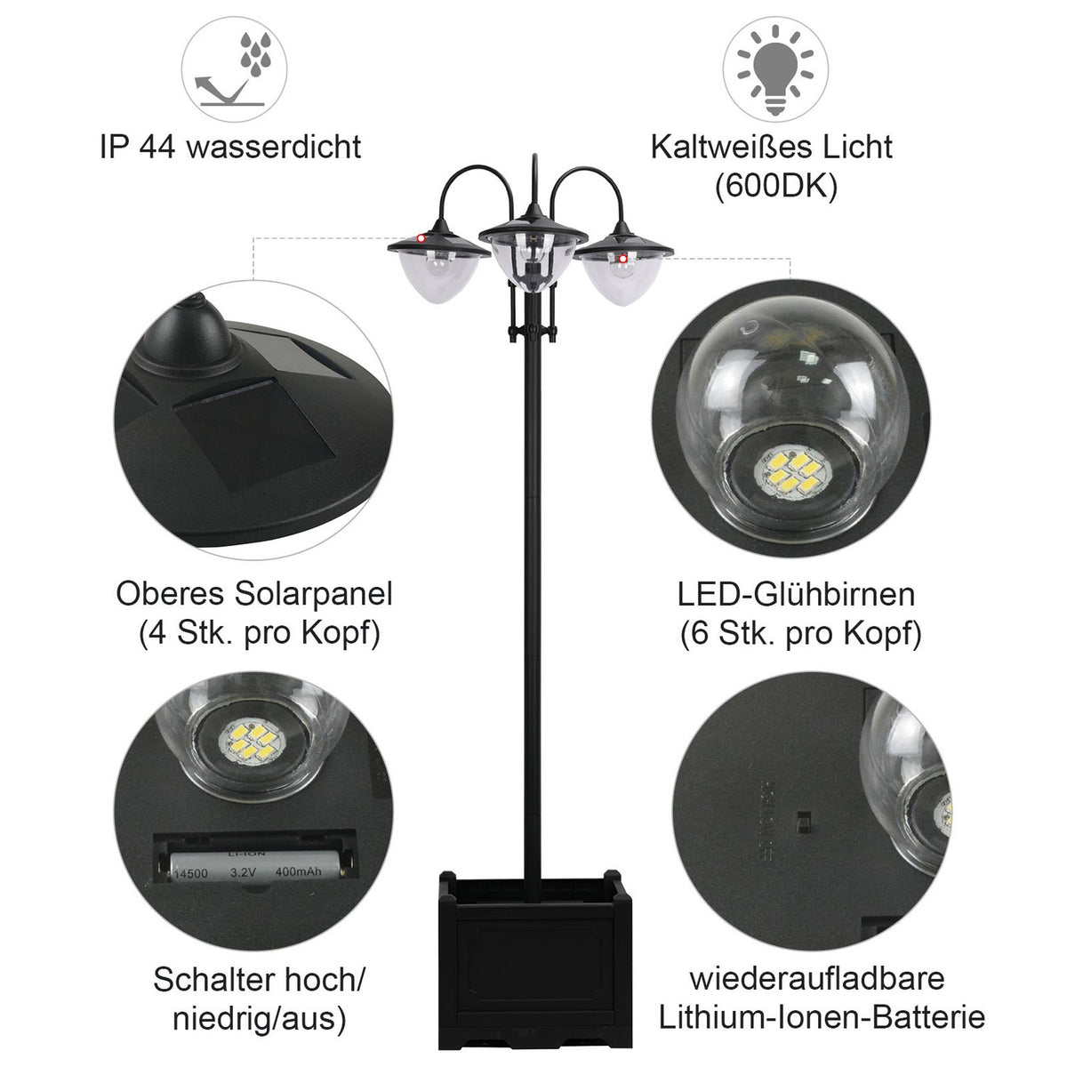 Solar light garden light 3-head lamp with flower pot base, waterproof, stainless steel, 60x55x189cm