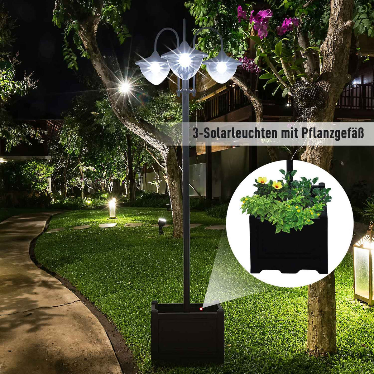 Solar light garden light 3-head lamp with flower pot base, waterproof, stainless steel, 60x55x189cm