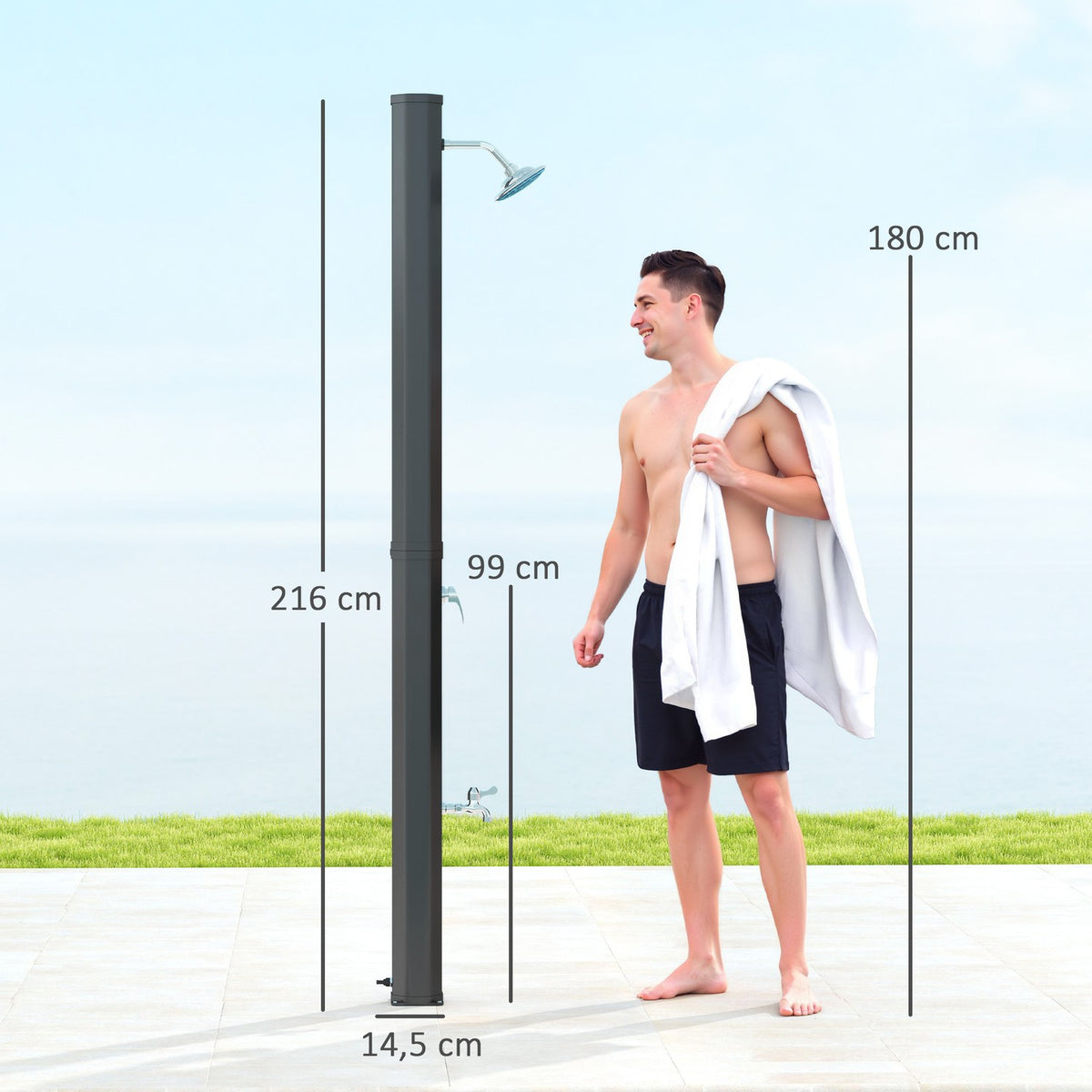 Solar shower 35 liter solar garden shower with tap, shower head, hand shower, side tray, up to 55 °C, outdoor shower without power connection, pool shower, camping shower, rain shower, warm water