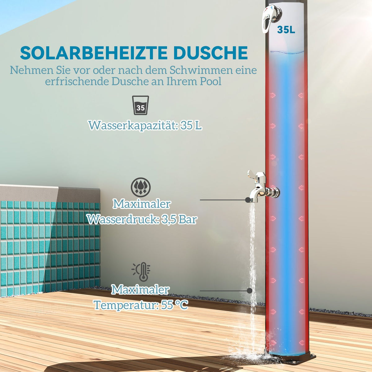 Solar shower 35 liter solar garden shower with tap, shower head, hand shower, side tray, up to 55 °C, outdoor shower without power connection, pool shower, camping shower, rain shower, warm water