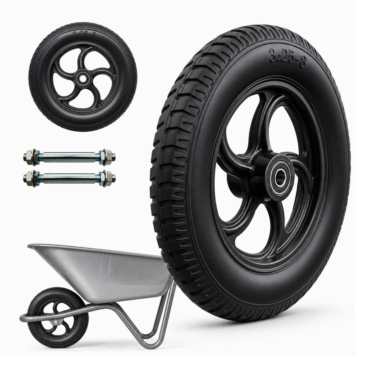 Solid Rubber Wheelbarrow Wheels, 3.25-8, Set of 2