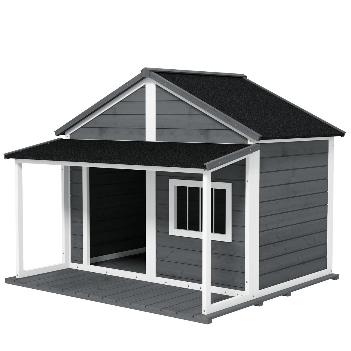 Solid Wood Dog House Small Animal House Dog House With Patio Asphalt Roof Outdoor Weatherproof Hut For Outdoors Gray 124 X 112 X 105 Cm