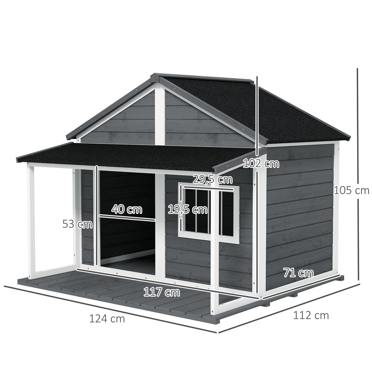 Solid Wood Dog House Small Animal House Dog House With Patio Asphalt Roof Outdoor Weatherproof Hut For Outdoors Gray 124 X 112 X 105 Cm