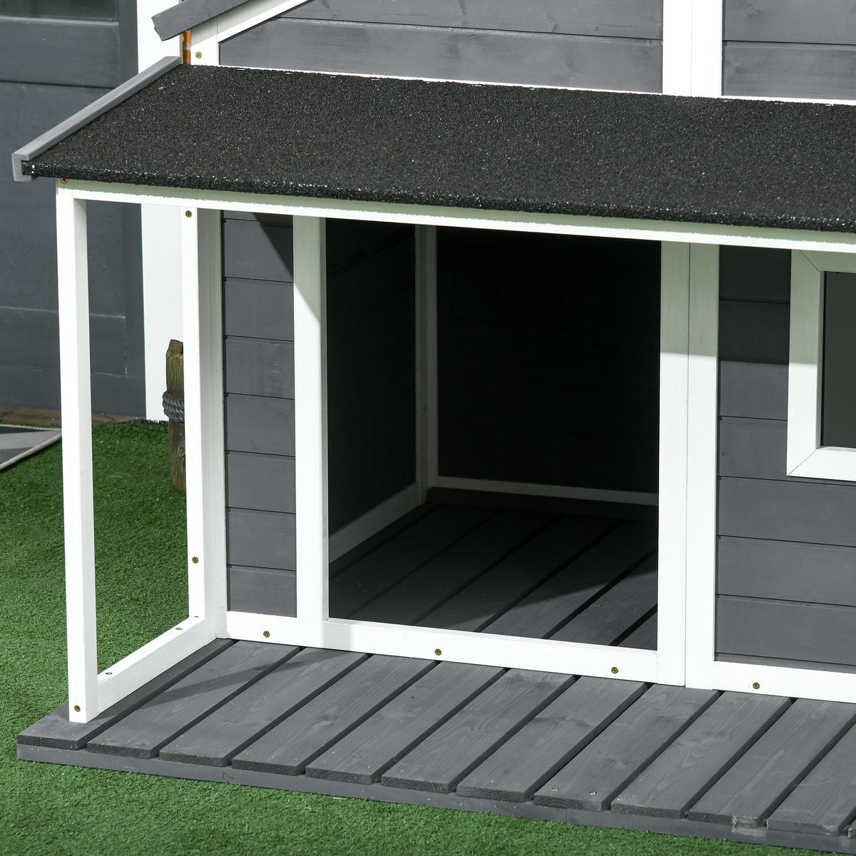Solid Wood Dog House Small Animal House Dog House With Patio Asphalt Roof Outdoor Weatherproof Hut For Outdoors Gray 124 X 112 X 105 Cm
