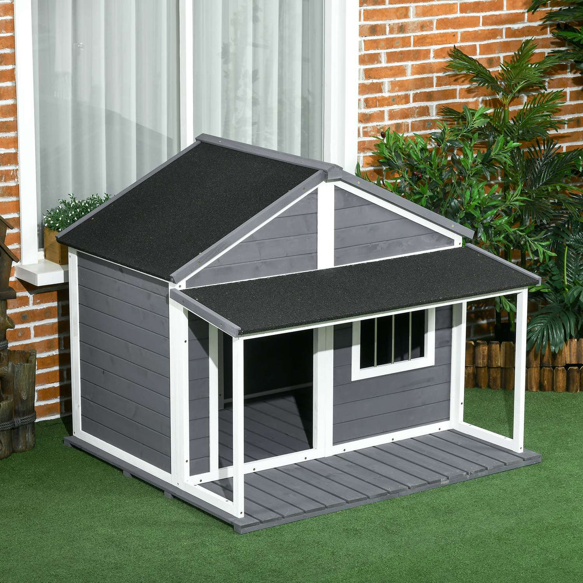 Solid Wood Dog House Small Animal House Dog House With Patio Asphalt Roof Outdoor Weatherproof Hut For Outdoors Gray 124 X 112 X 105 Cm