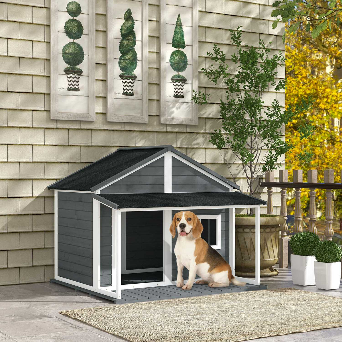 Solid Wood Dog House Small Animal House Dog House With Patio Asphalt Roof Outdoor Weatherproof Hut For Outdoors Gray 124 X 112 X 105 Cm