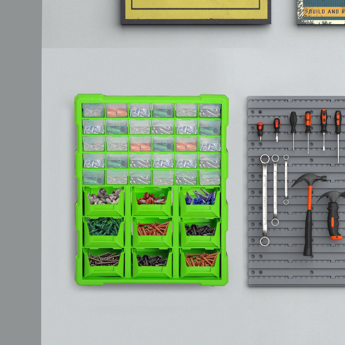 Sorting Box, Small Parts Magazine, Parts Box, Storage Box With 39 Compartments, Green, L38Xw16Xh47.5Cm
