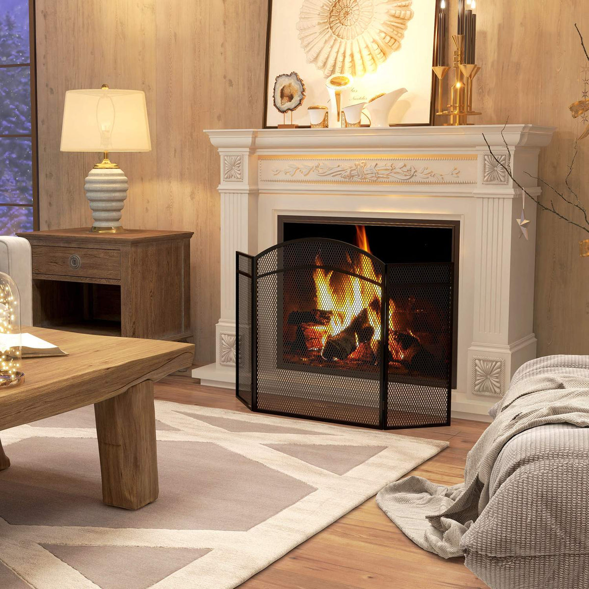 Spark guard for fireplaces, elegant spark catcher, foldable, coated, black, 96 x 60 cm
