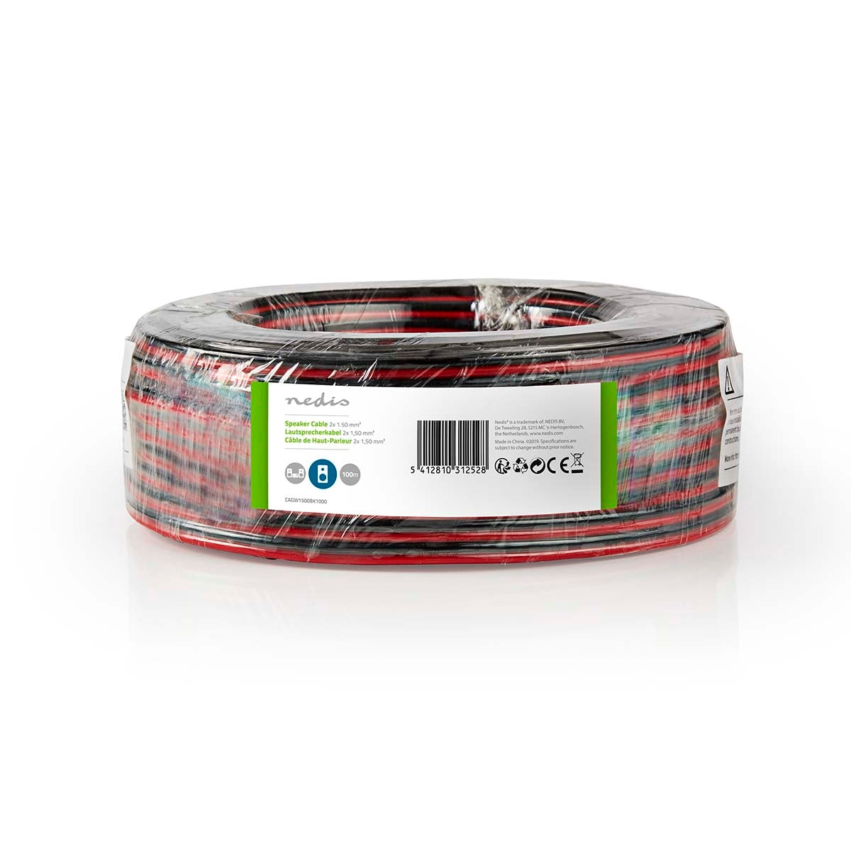 Speaker cable | 2x 1.50 mm² | CCA | 100.0 m | Round | PVC | Red / Black | Packaging