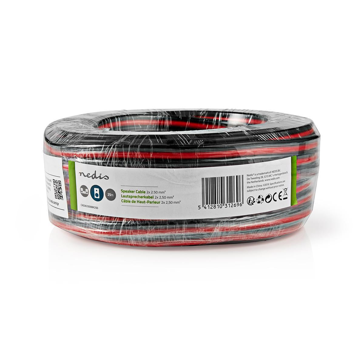 Speaker cable | 2x 2.50 mm² | CCA | 25.0 m | Round | PVC | Red / Black | Packaging