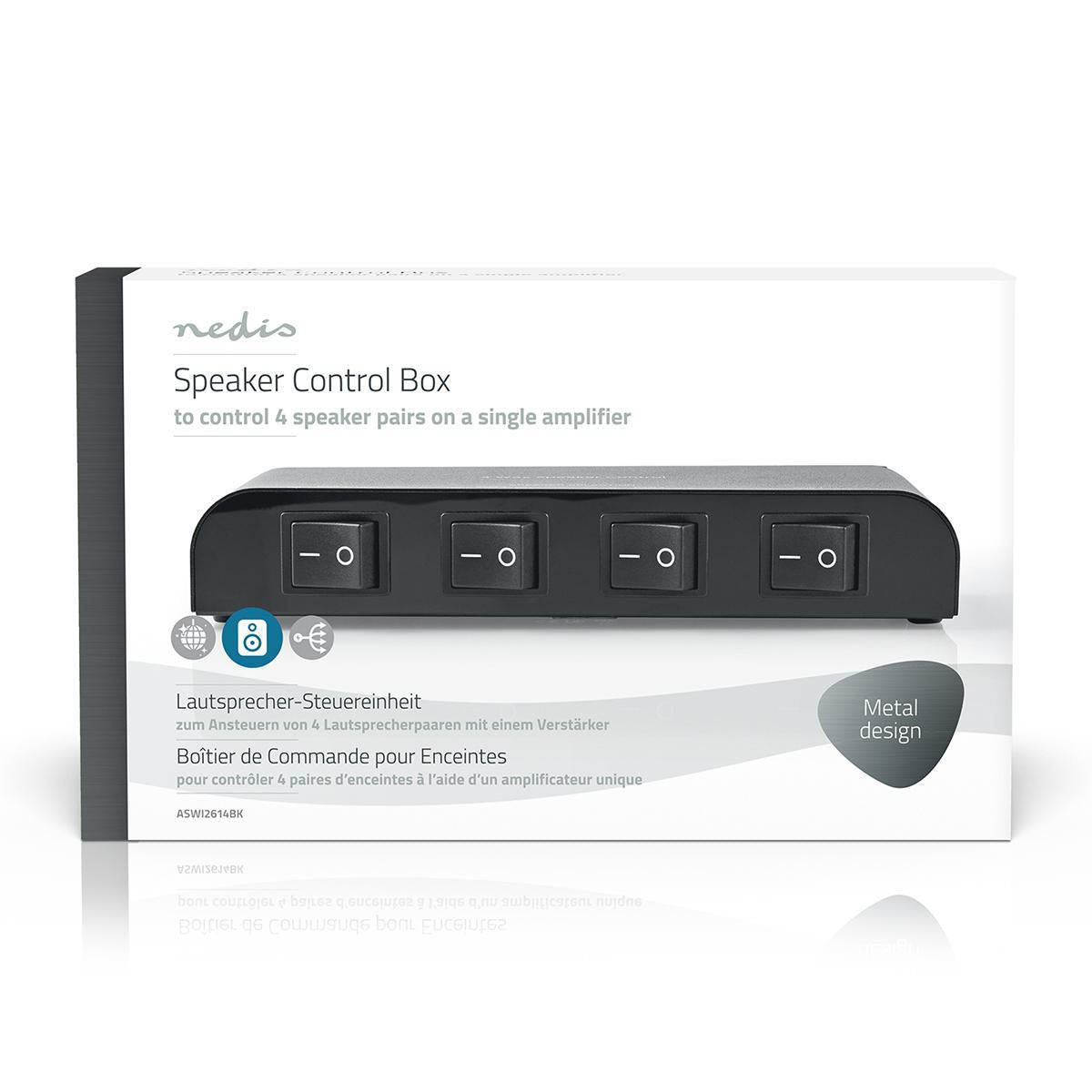 Speaker control box | 4-Port port(s) | Terminal screws | Speaker Impedance: 4-16 Ohm | Max load per Channel: 200 W | Aluminum | Black