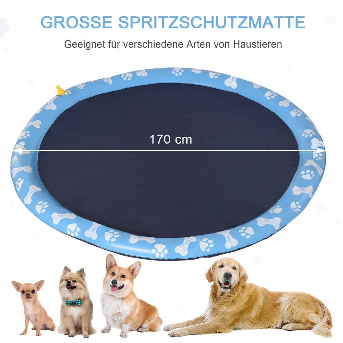 Splash Sprinkler Pad 170Cm Spray Water Feature Mat Dog Water Sprinkler Anti-Slip Outdoor Pvc Blue
