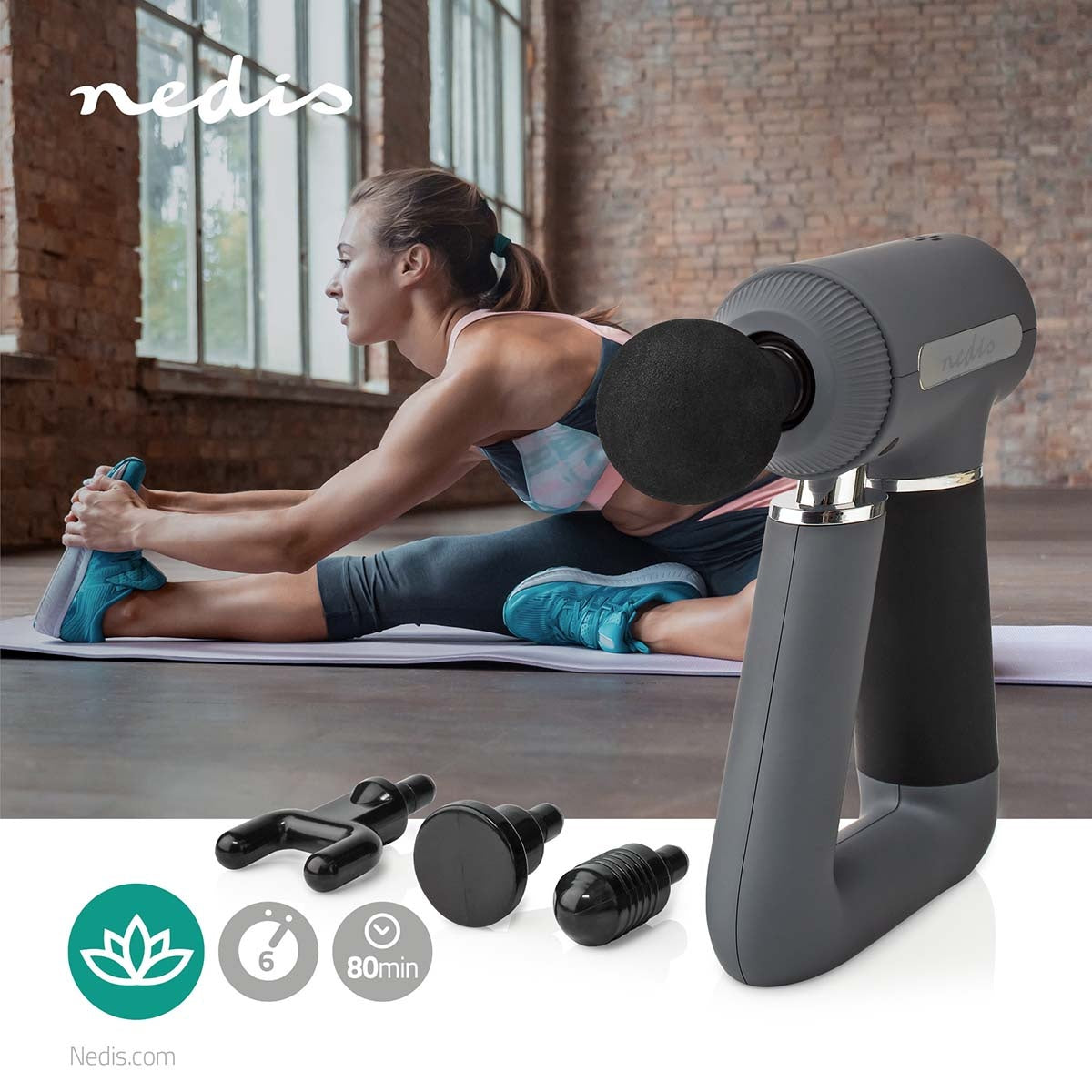 Sports Massage Gun | Battery powered | Built-in lithium ion | Rechargeable | 6 massage modes | USB cable | Gray