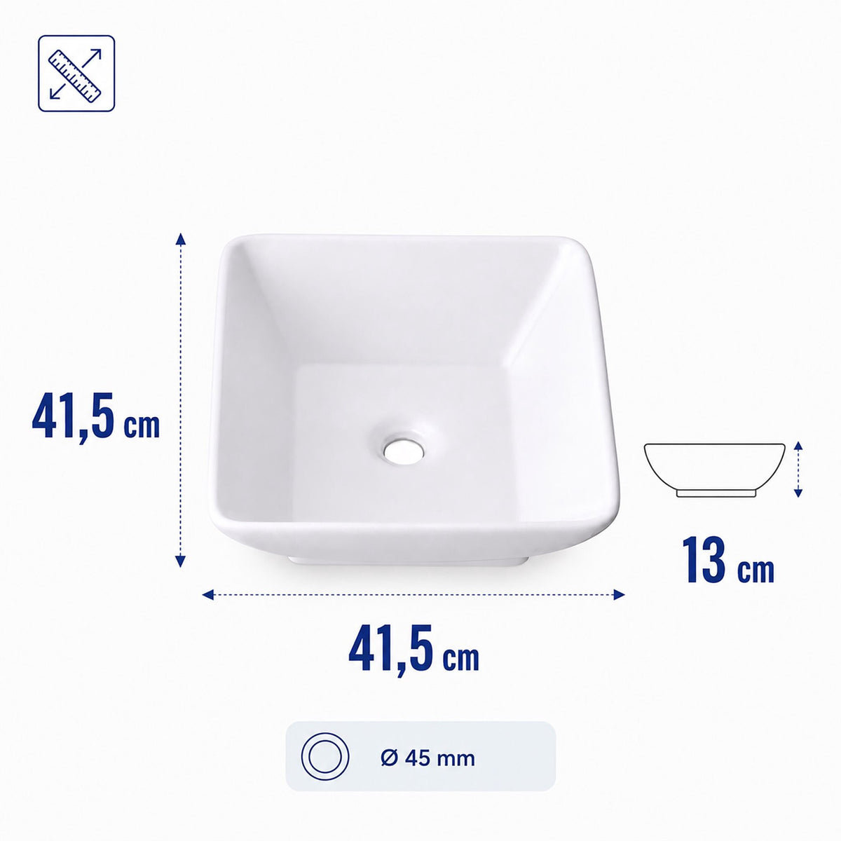 Square Ceramic Washbasin, 41.5 cm, No Tap Hole