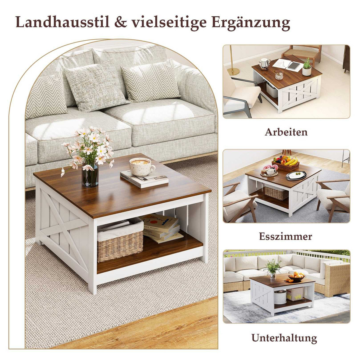 Square Coffee Table with Storage, 78 cm, White & Brown