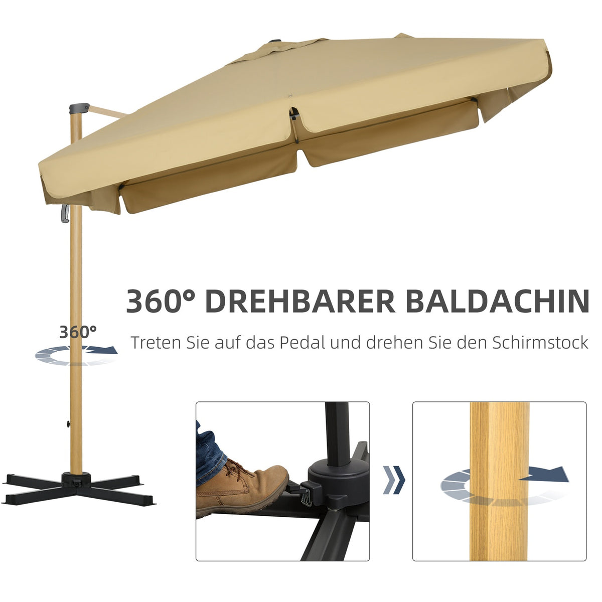 Square Parasol, Height-Adjustable Cantilever Umbrella, 295 X 295 Cm With Rotating Umbrella Stand, Garden Umbrella With Adjustable Tilt, Khaki