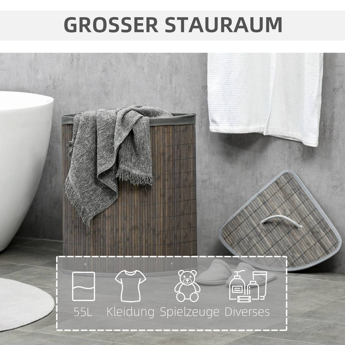 Square bamboo laundry basket 55L with lid and removable bag 38 x 38 x 57 cm Gray