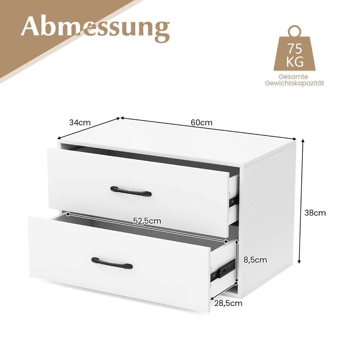 Stackable 2-Drawer Wooden Sideboard, 60x34x38 cm, White