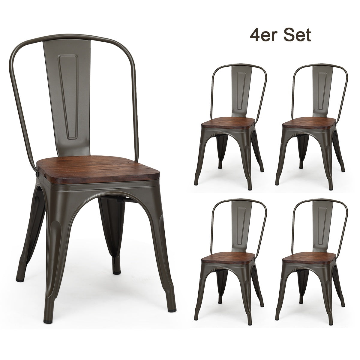 Stackable Dining Chairs Set of 4, Metal Frame, Wood Seat – Dark Green