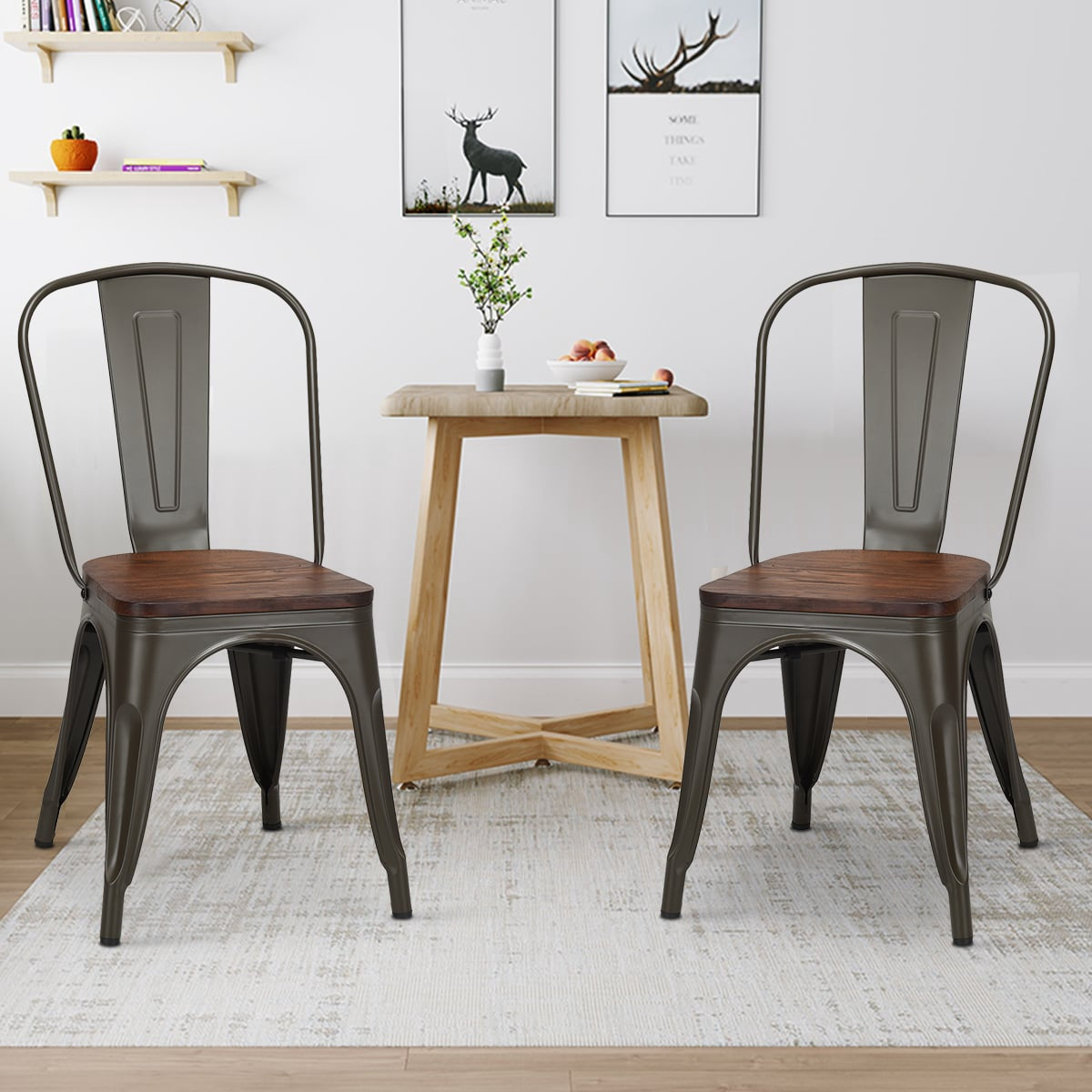 Stackable Dining Chairs Set of 4, Metal Frame, Wood Seat – Dark Green