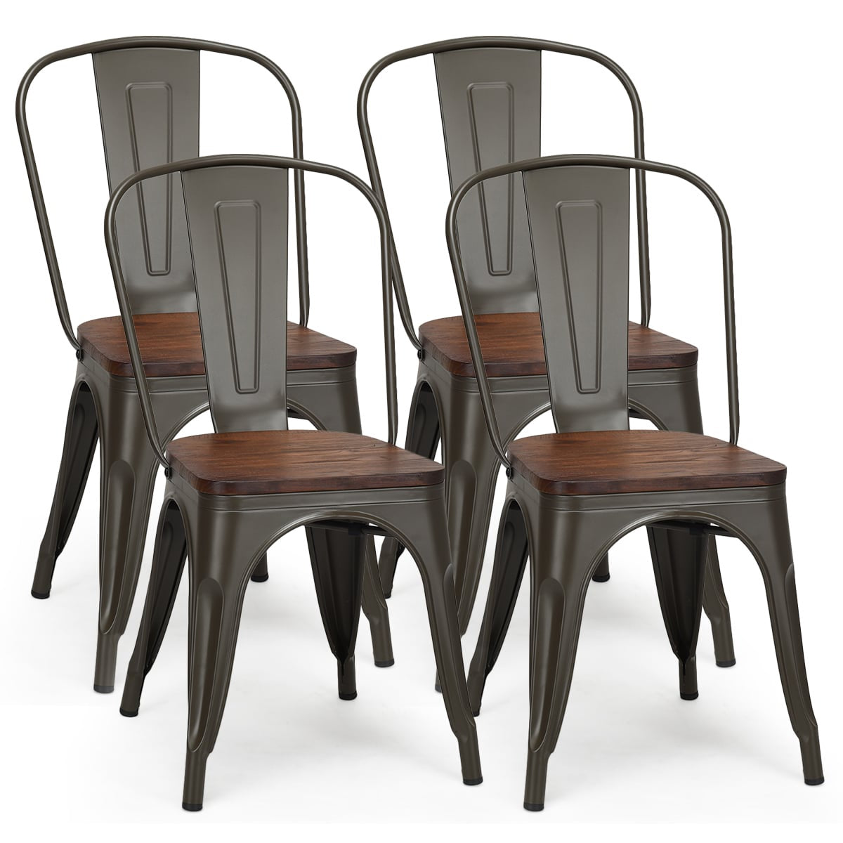 Stackable Dining Chairs Set of 4, Metal Frame, Wood Seat – Dark Green