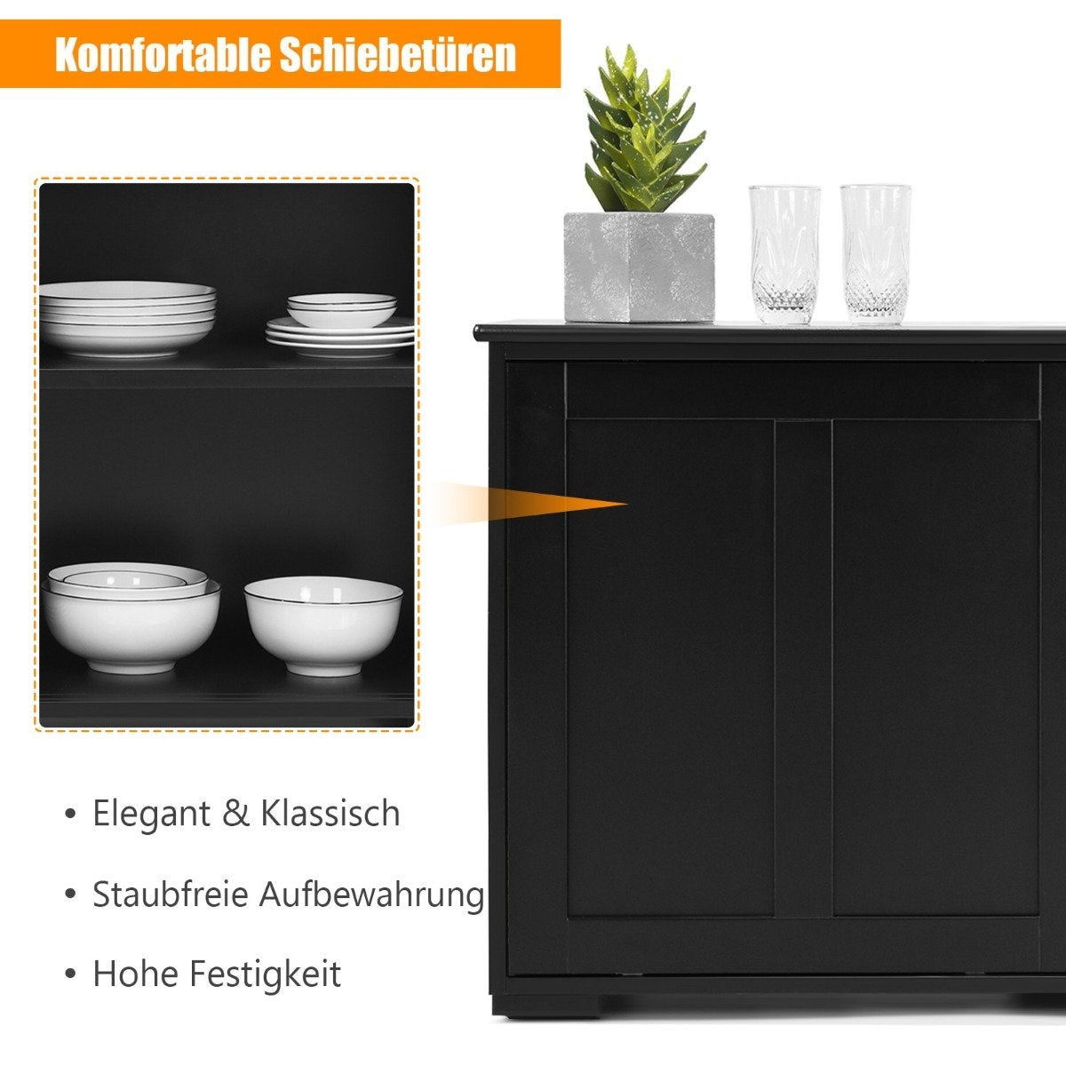 Stackable Kitchen Sideboard with Sliding Doors, Black MDF